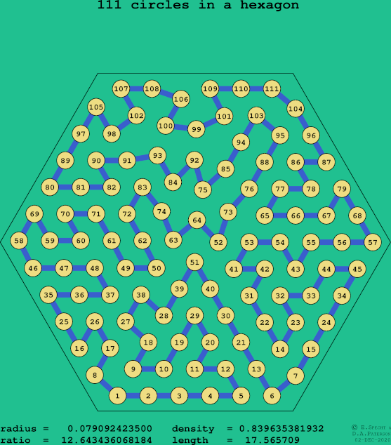 111 circles in a regular hexagon