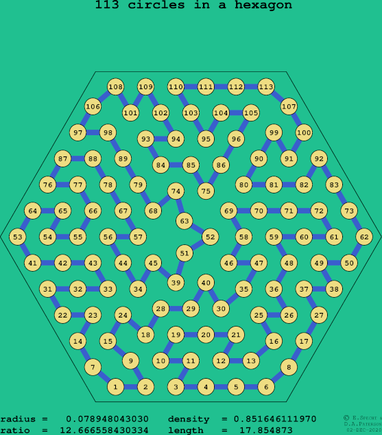 113 circles in a regular hexagon