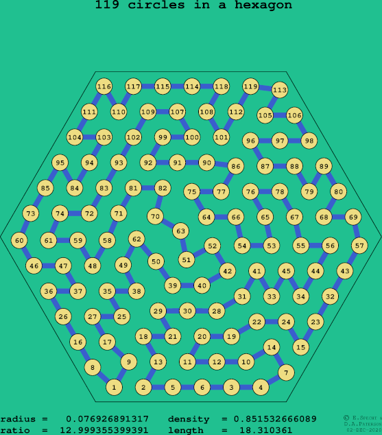 119 circles in a regular hexagon