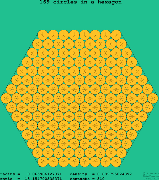 169 circles in a regular hexagon