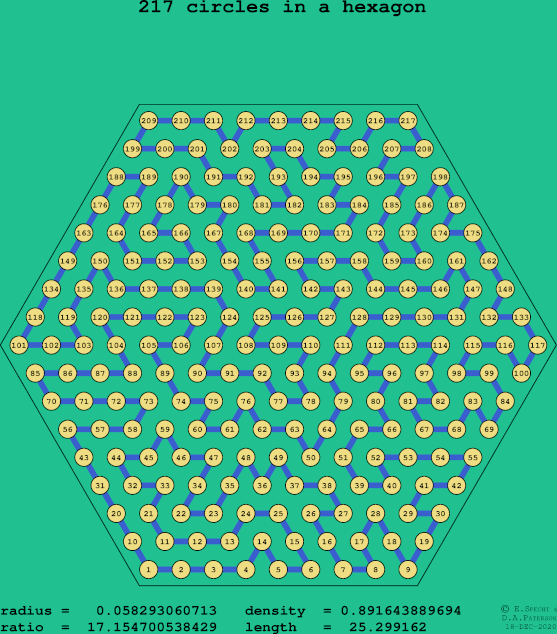 217 circles in a regular hexagon