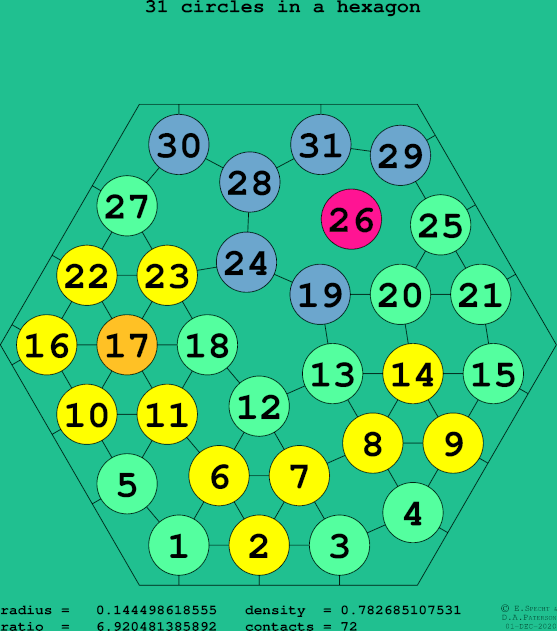 31 circles in a regular hexagon