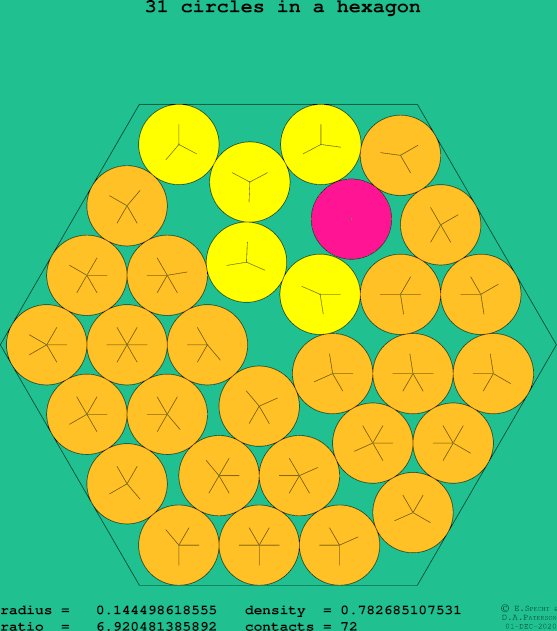 31 circles in a regular hexagon