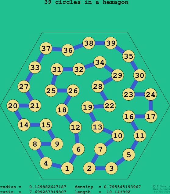39 circles in a regular hexagon