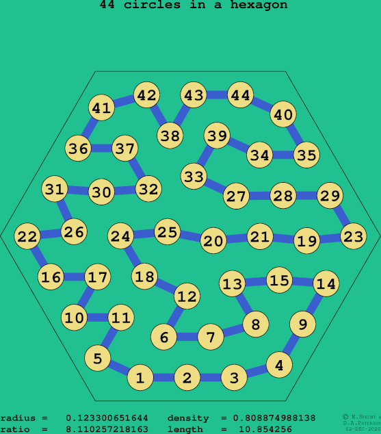 44 circles in a regular hexagon