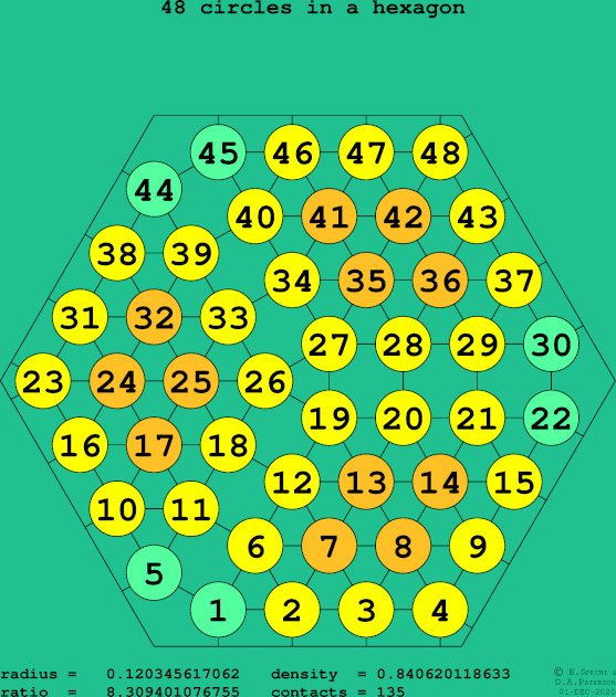 48 circles in a regular hexagon