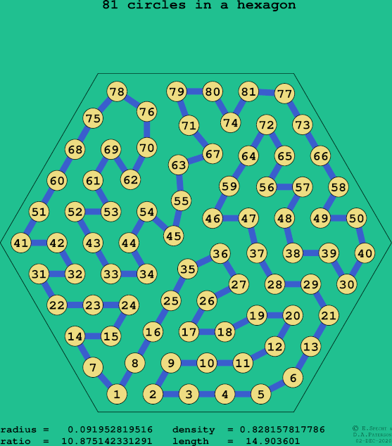 81 circles in a regular hexagon
