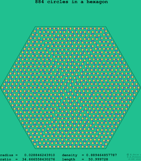 884 circles in a regular hexagon