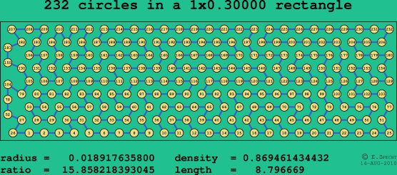 232 circles in a rectangle