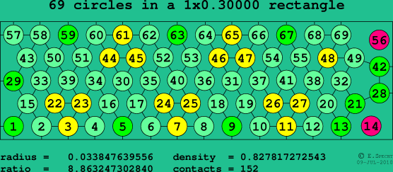 69 circles in a rectangle