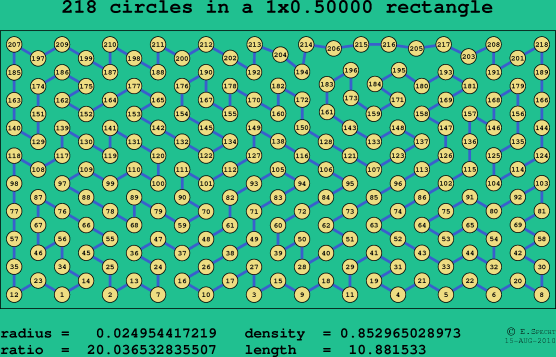 218 circles in a rectangle
