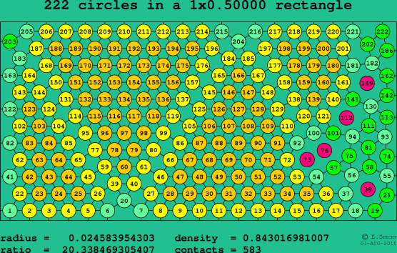 222 circles in a rectangle