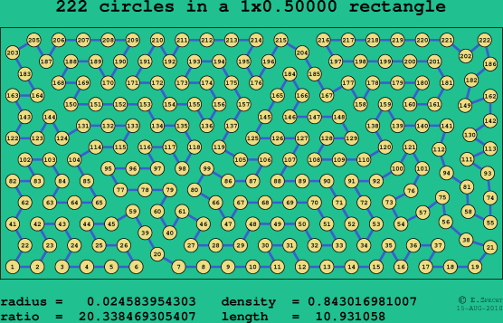 222 circles in a rectangle