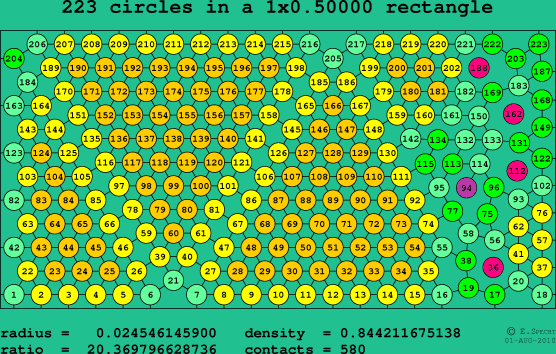 223 circles in a rectangle