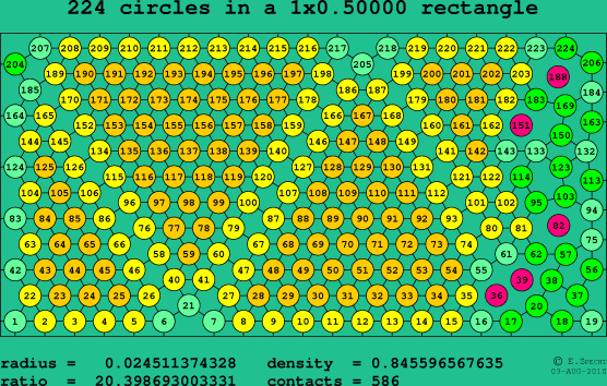 224 circles in a rectangle