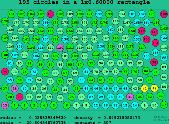 195 circles in a rectangle
