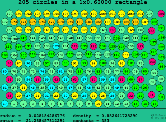 205 circles in a rectangle
