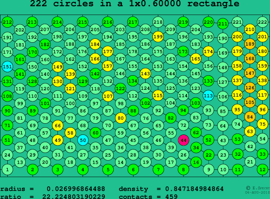 222 circles in a rectangle