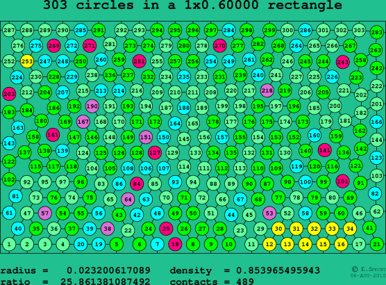 303 circles in a rectangle