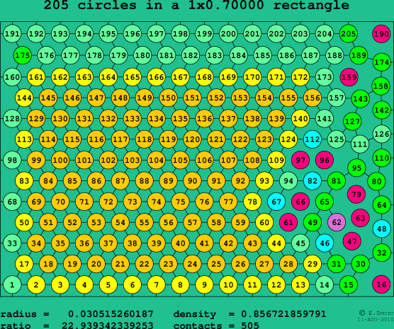 205 circles in a rectangle