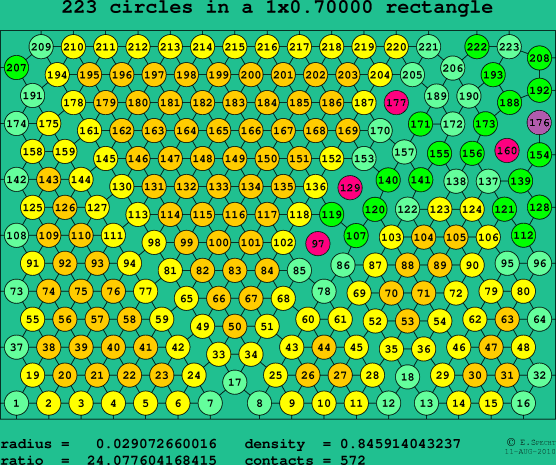 223 circles in a rectangle