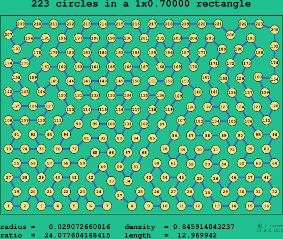 223 circles in a rectangle