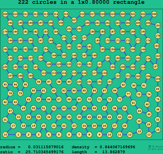 222 circles in a rectangle