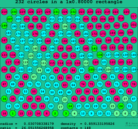 232 circles in a rectangle