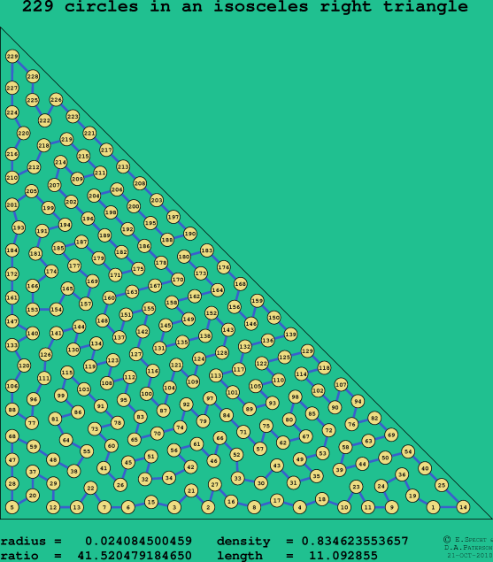 229 circles in an isosceles right rectangle