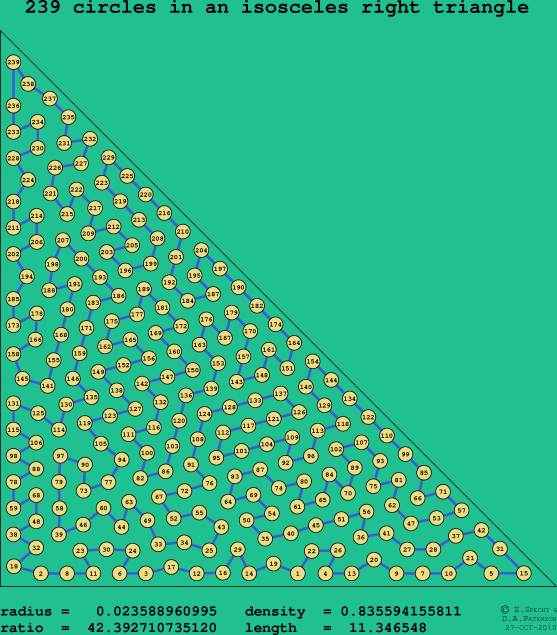 239 circles in an isosceles right rectangle