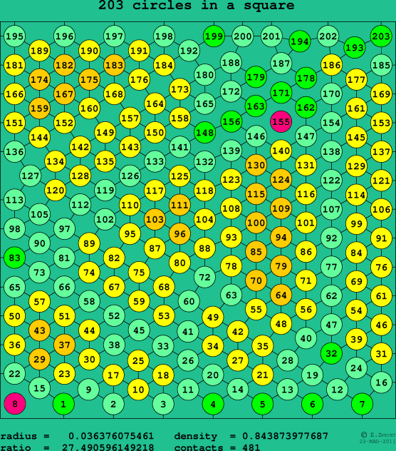 203 circles in a square