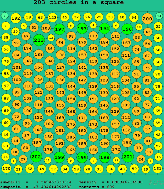 203 circles in a square