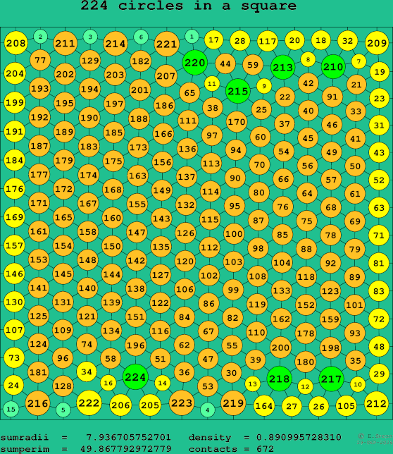 224 circles in a square