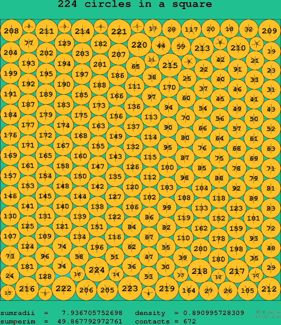224 circles in a square