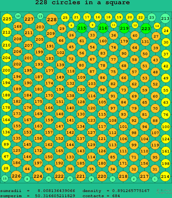228 circles in a square