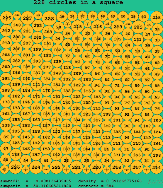228 circles in a square
