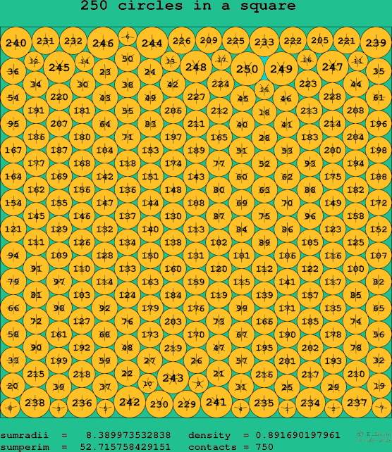 250 circles in a square