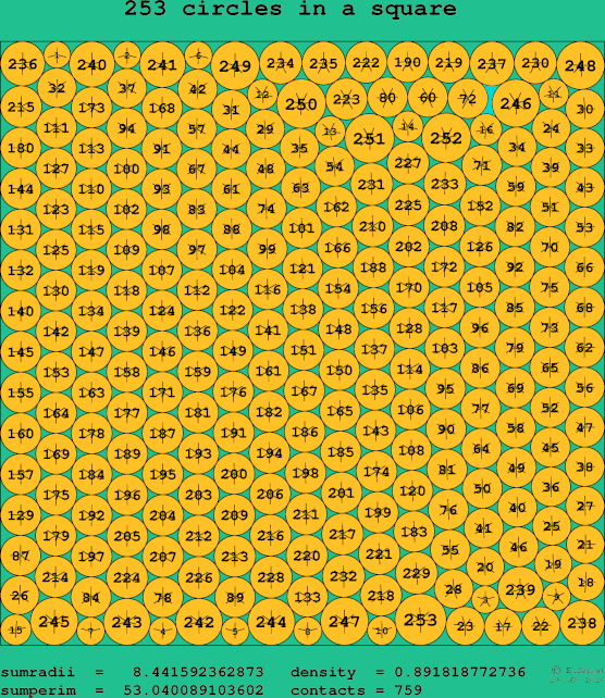 253 circles in a square