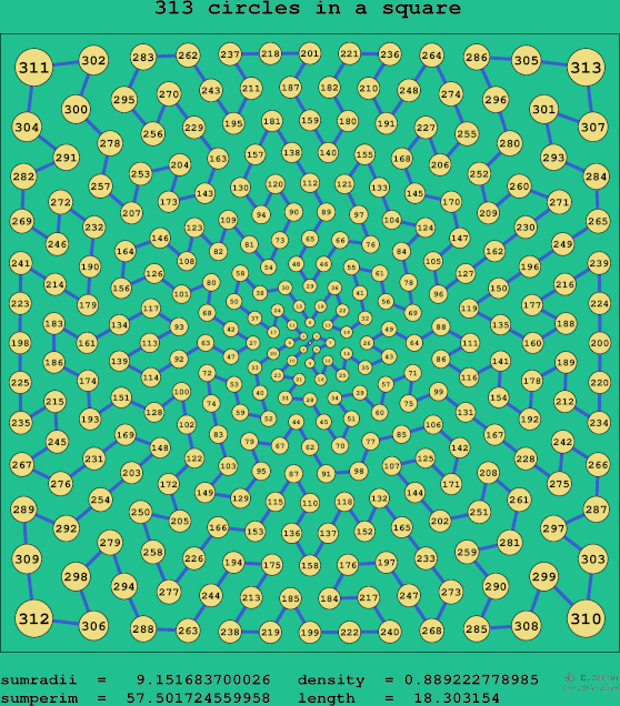 313 circles in a square