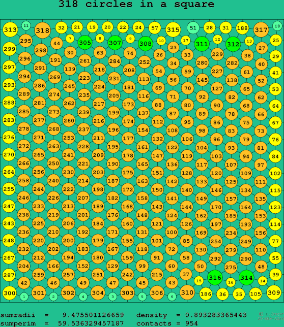 318 circles in a square