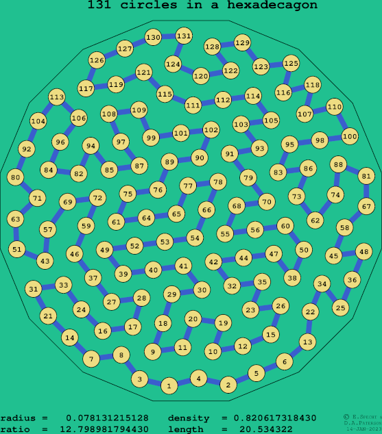 131 circles in a regular hexadecagon