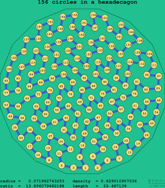 156 circles in a regular hexadecagon