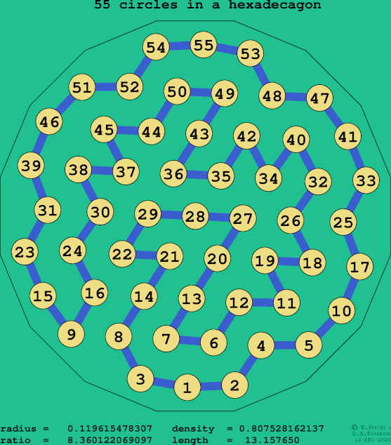 55 circles in a regular hexadecagon