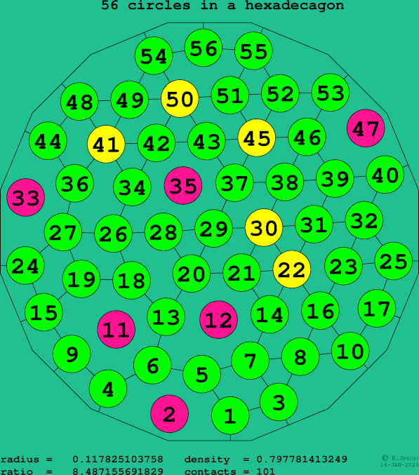 56 circles in a regular hexadecagon