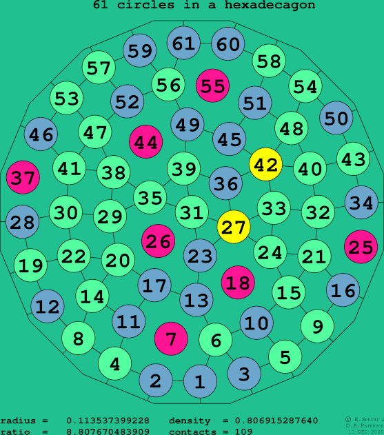 61 circles in a regular hexadecagon
