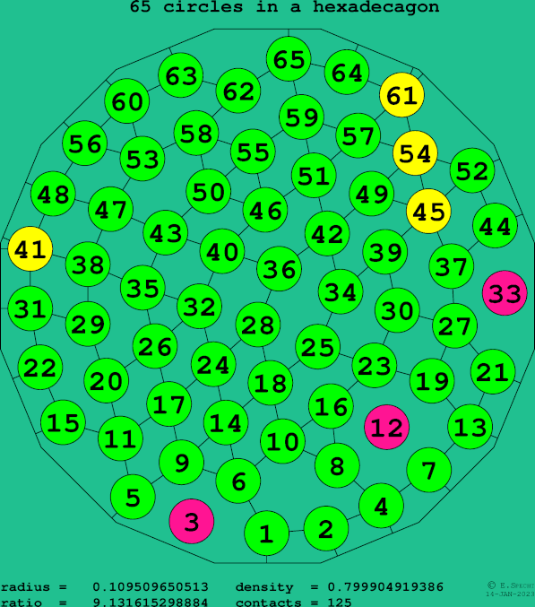 65 circles in a regular hexadecagon