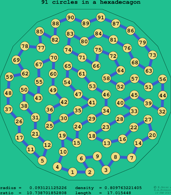 91 circles in a regular hexadecagon